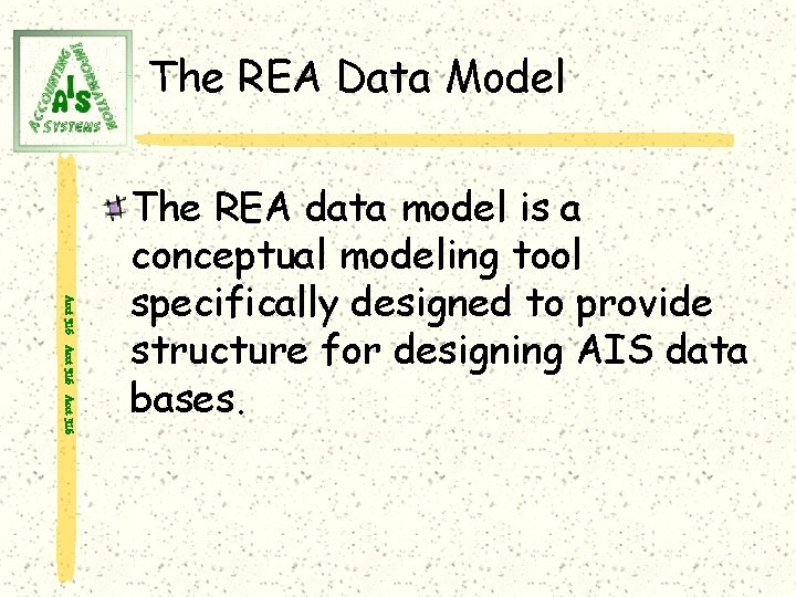 The REA Data Model Acct 316 The REA data model is a conceptual modeling