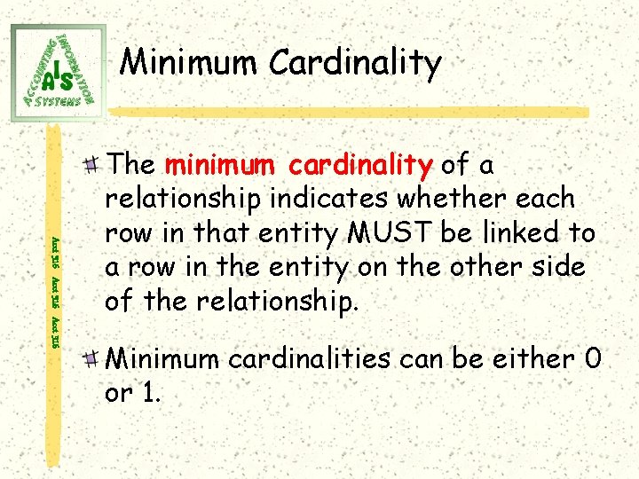 Minimum Cardinality Acct 316 The minimum cardinality of a relationship indicates whether each row