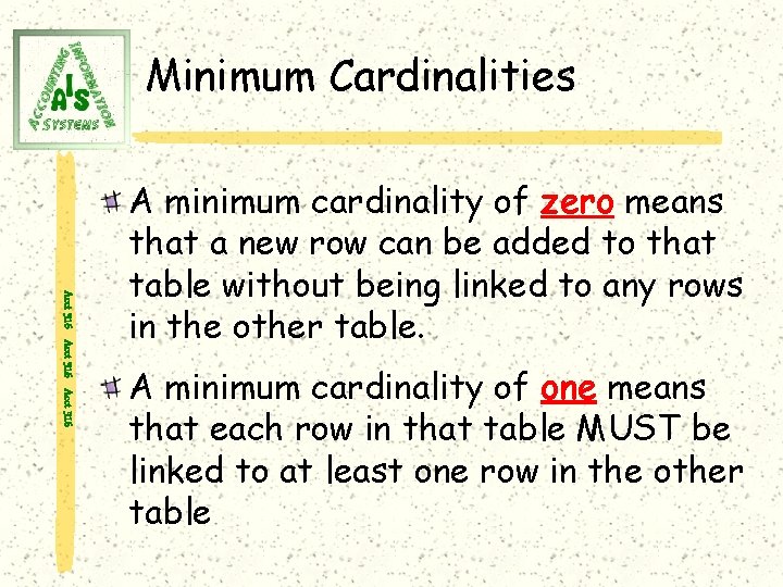 Minimum Cardinalities Acct 316 A minimum cardinality of zero means that a new row