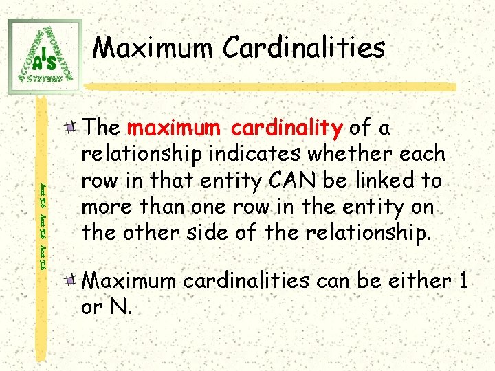 Maximum Cardinalities Acct 316 The maximum cardinality of a relationship indicates whether each row