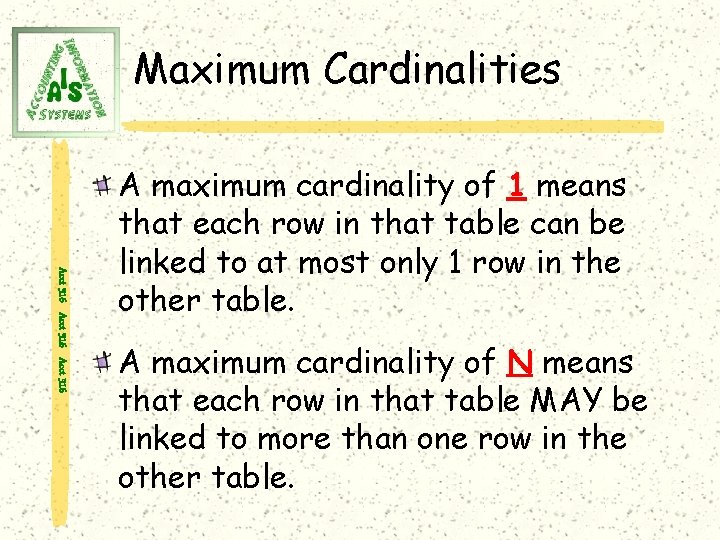 Maximum Cardinalities Acct 316 A maximum cardinality of 1 means that each row in