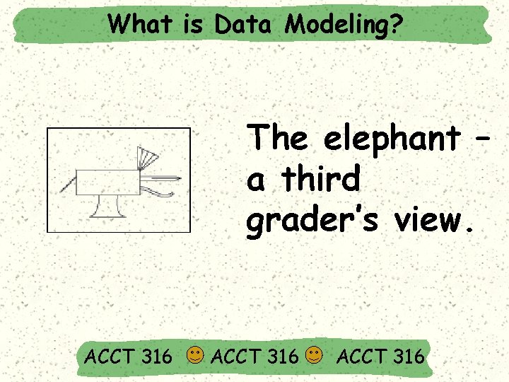 What is Data Modeling? The elephant – a third grader’s view. ACCT 316 