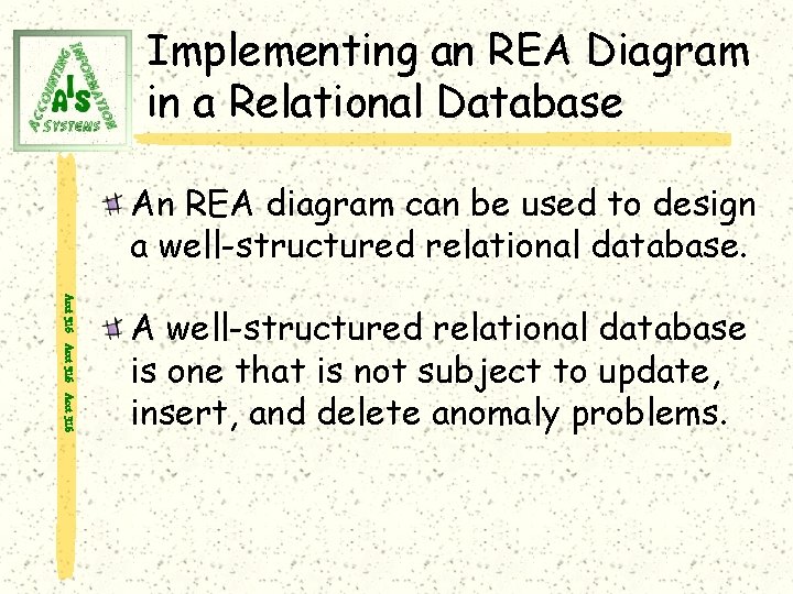 Implementing an REA Diagram in a Relational Database An REA diagram can be used