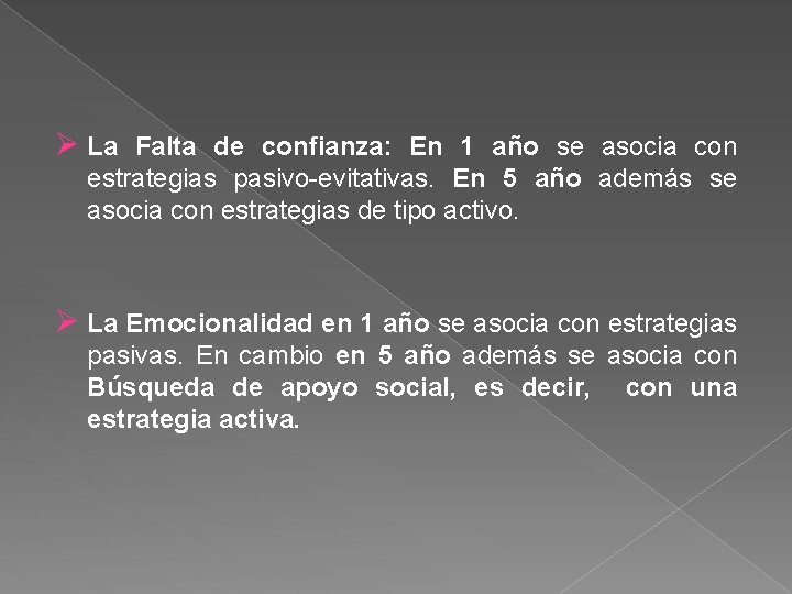 Ø La Falta de confianza: En 1 año se asocia con estrategias pasivo-evitativas. En