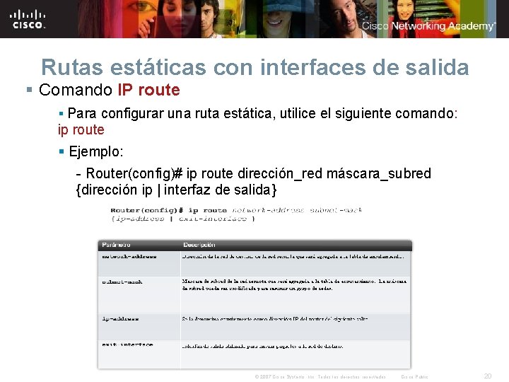 Rutas estáticas con interfaces de salida § Comando IP route § Para configurar una