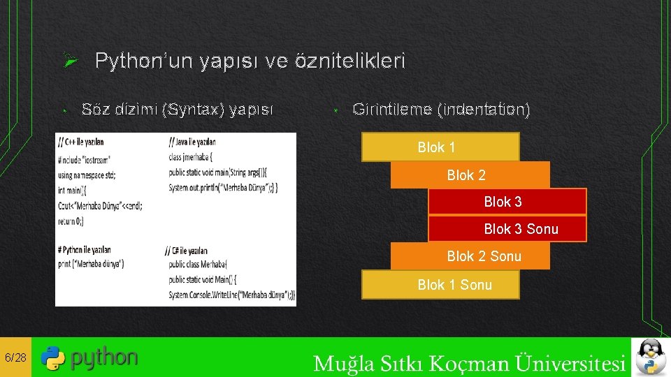 Ø Python’un yapısı ve öznitelikleri • Söz dizimi (Syntax) yapısı • Girintileme (indentation) Blok