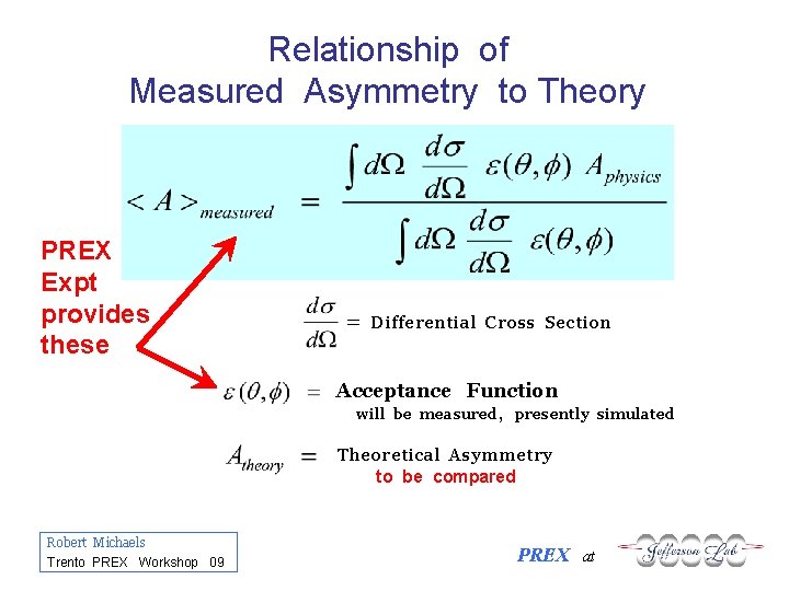 Relationship of Measured Asymmetry to Theory PREX Expt provides these Differential Cross Section Acceptance