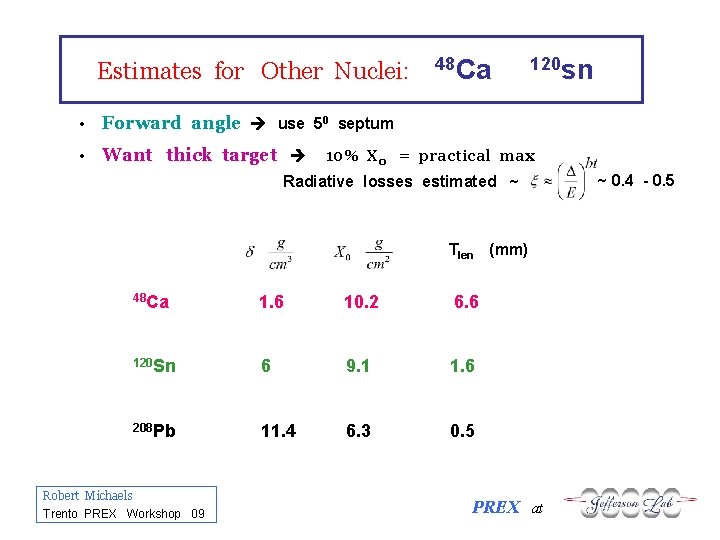Estimates for Other Nuclei: 48 Ca 120 sn • Forward angle use 50 septum