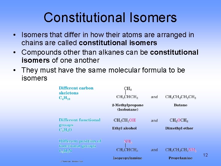 Constitutional Isomers • Isomers that differ in how their atoms are arranged in chains