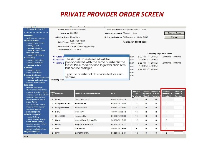 PRIVATE PROVIDER ORDER SCREEN 