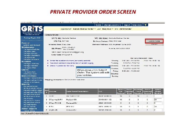 PRIVATE PROVIDER ORDER SCREEN 