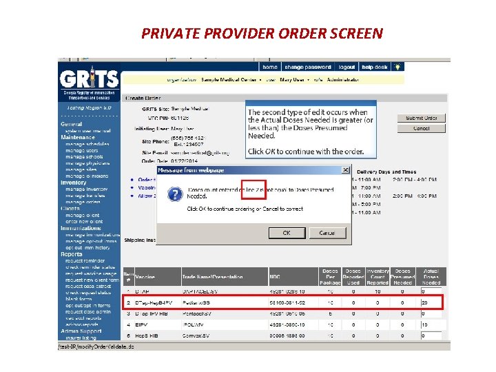 PRIVATE PROVIDER ORDER SCREEN 