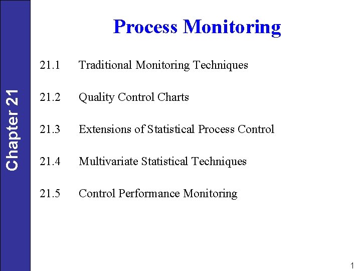 Chapter 21 Process Monitoring 21. 1 Traditional Monitoring Techniques 21. 2 Quality Control Charts