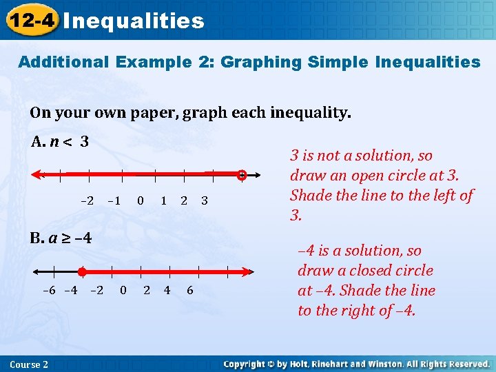 12 -4 Inequalities Additional Example 2: Graphing Simple Inequalities On your own paper, graph