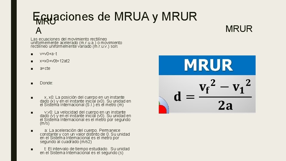 Ecuaciones de MRUA y MRUR MRU A Las ecuaciones del movimiento rectilíneo uniformemente acelerado