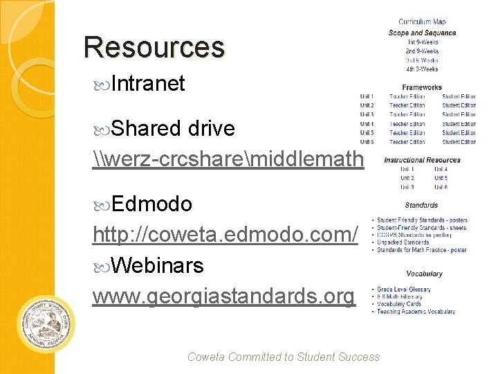 Resources Intranet Shared drive \werz-crcsharemiddlemath Edmodo http: //coweta. edmodo. com/ Webinars www. georgiastandards. org