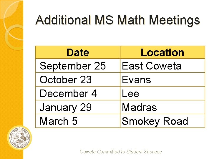 Additional MS Math Meetings Date September 25 October 23 December 4 January 29 March