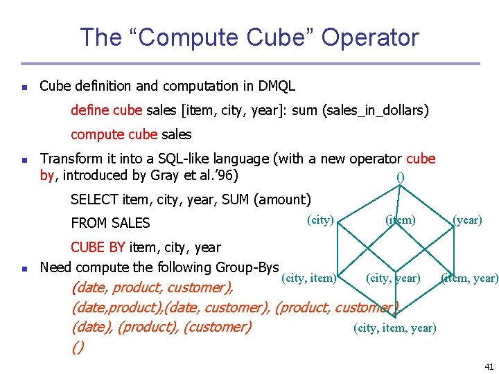 The “Compute Cube” Operator n Cube definition and computation in DMQL define cube sales