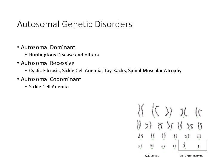 Autosomal Genetic Disorders • Autosomal Dominant • Huntingtons Disease and others • Autosomal Recessive