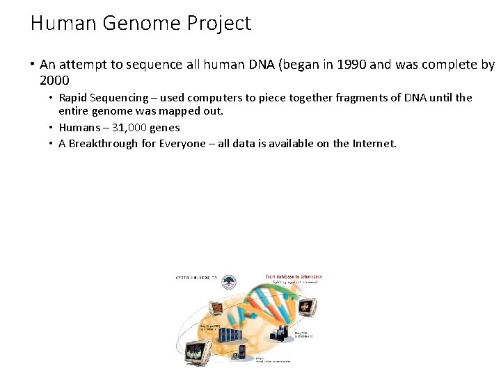 Human Genome Project • An attempt to sequence all human DNA (began in 1990