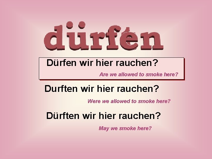 Dürfen wir hier rauchen? Are we allowed to smoke here? Durften wir hier rauchen?