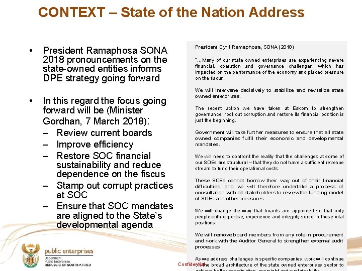 CONTEXT – State of the Nation Address • • President Ramaphosa SONA 2018 pronouncements