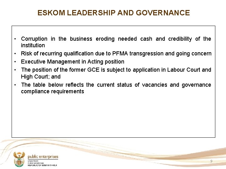 ESKOM LEADERSHIP AND GOVERNANCE • Corruption in the business eroding needed cash and credibility