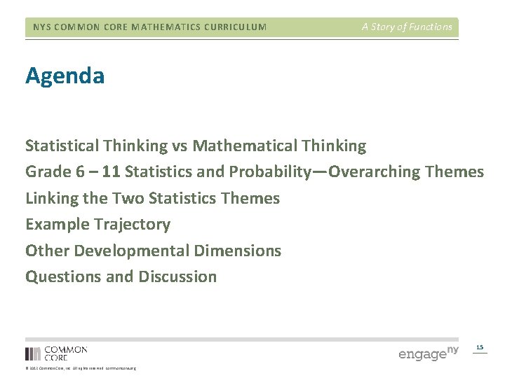 NYS COMMON CORE MATHEMATICS CURRICULUM A Story of Functions Agenda Statistical Thinking vs Mathematical