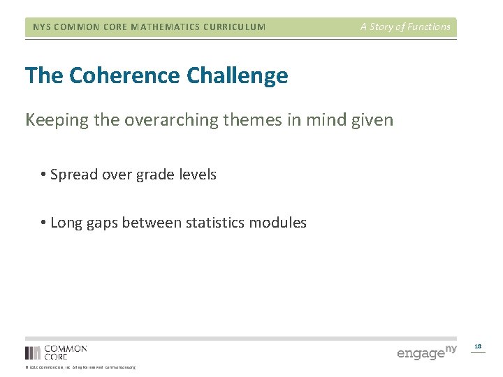 NYS COMMON CORE MATHEMATICS CURRICULUM A Story of Functions The Coherence Challenge Keeping the
