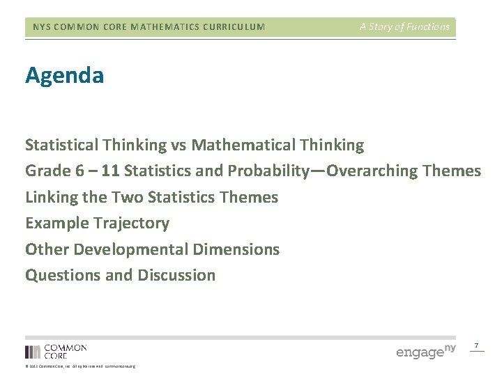 NYS COMMON CORE MATHEMATICS CURRICULUM A Story of Functions Agenda Statistical Thinking vs Mathematical