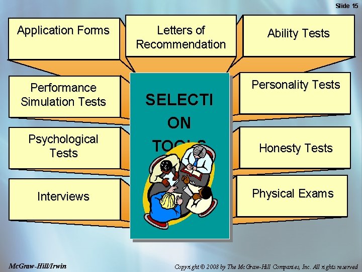 Slide 15 Application Forms Performance Simulation Tests Psychological Tests Interviews Mc. Graw-Hill/Irwin Letters of