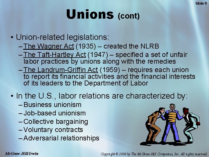 Unions (cont) Slide 9 • Union-related legislations: – The Wagner Act (1935) – created