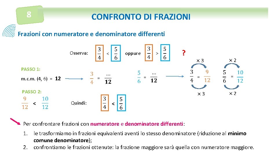 8 CONFRONTO DI FRAZIONI Frazioni con numeratore e denominatore differenti Osserva: > oppure <