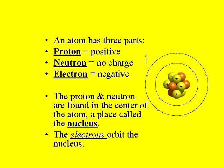  • • An atom has three parts: Proton = positive Neutron = no