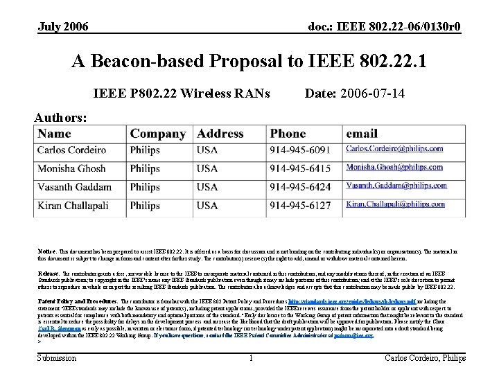 July 2006 doc. : IEEE 802. 22 -06/0130 r 0 A Beacon-based Proposal to