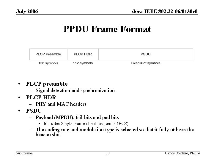 July 2006 doc. : IEEE 802. 22 -06/0130 r 0 PPDU Frame Format •