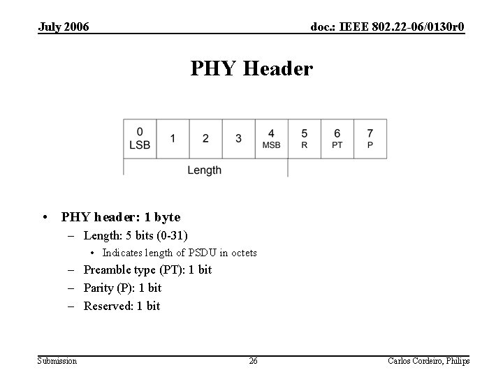 July 2006 doc. : IEEE 802. 22 -06/0130 r 0 PHY Header • PHY