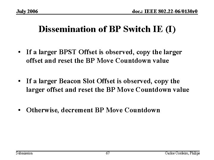 July 2006 doc. : IEEE 802. 22 -06/0130 r 0 Dissemination of BP Switch