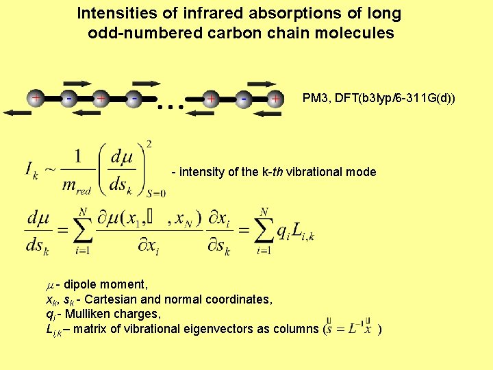 Intensities of infrared absorptions of long odd-numbered carbon chain molecules PM 3, DFT(b 3
