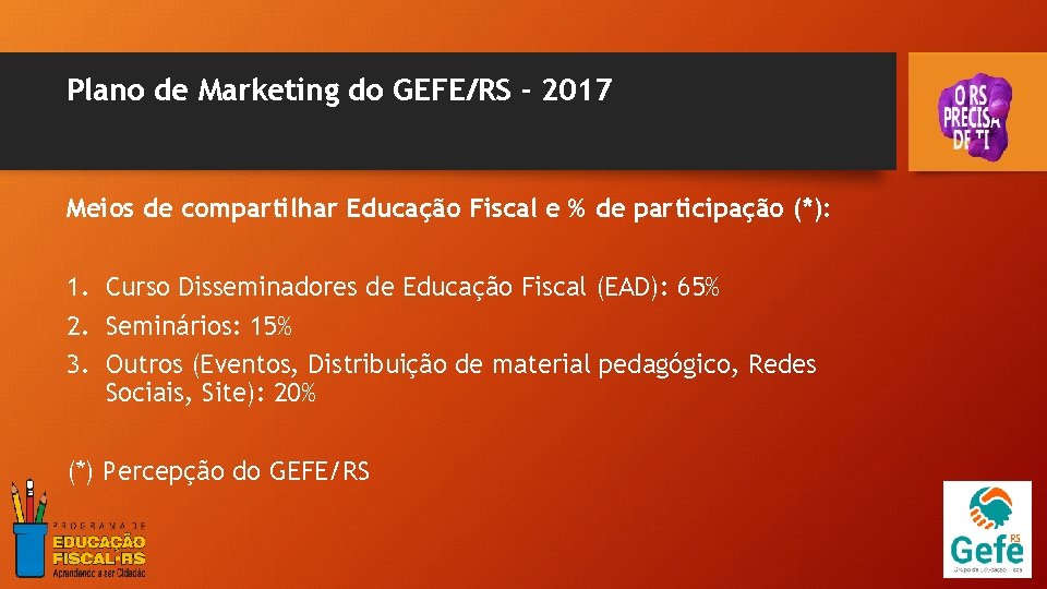 Plano de Marketing do GEFE/RS - 2017 Meios de compartilhar Educação Fiscal e %
