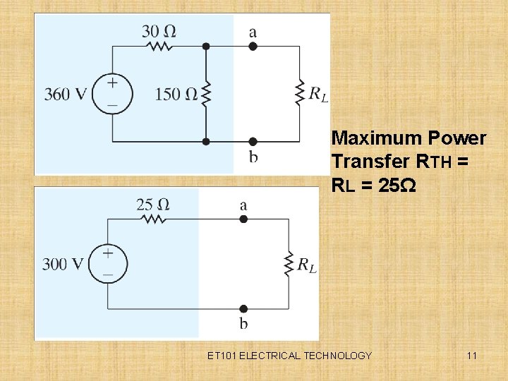 Maximum Power Transfer RTH = RL = 25Ω ET 101 ELECTRICAL TECHNOLOGY 11 