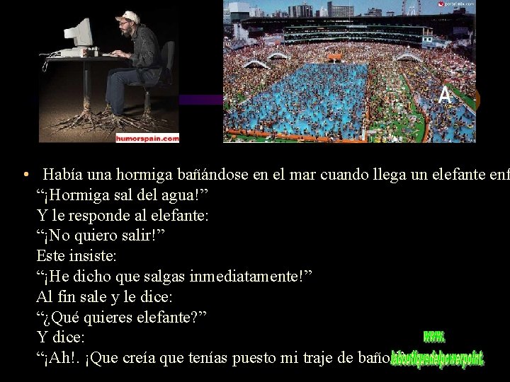 • Había una hormiga bañándose en el mar cuando llega un elefante enf • Había una hormiga bañándose en el mar cuando llega un elefante enf