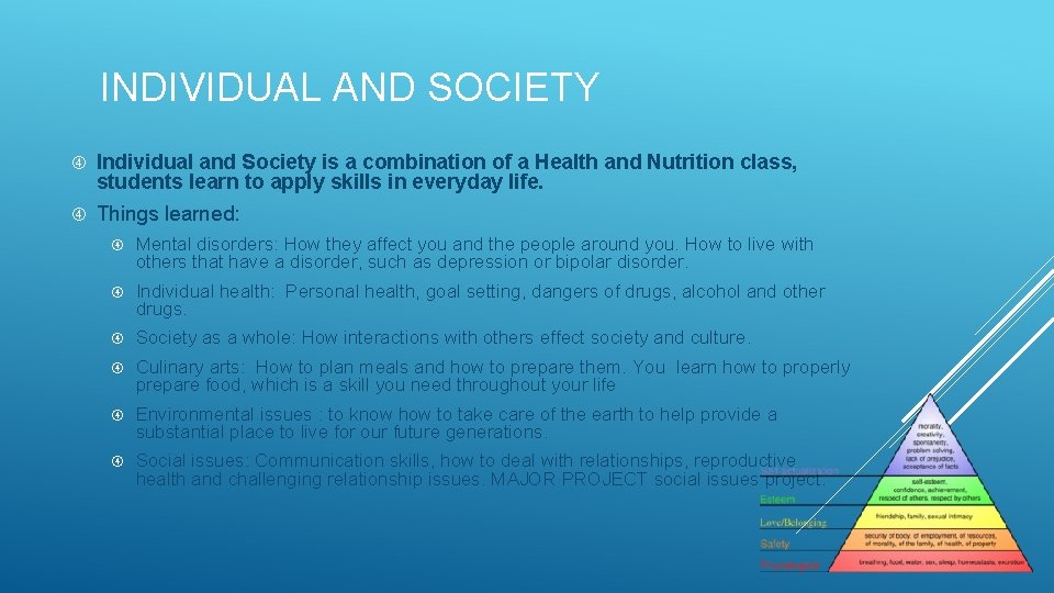 INDIVIDUAL AND SOCIETY Individual and Society is a combination of a Health and Nutrition