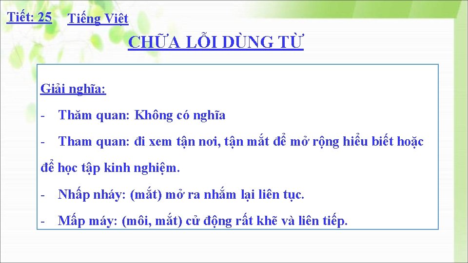 Tiết: 25 Tiếng Việt CHỮA LỖI DÙNG TỪ Giải nghĩa: - Thăm quan: Không