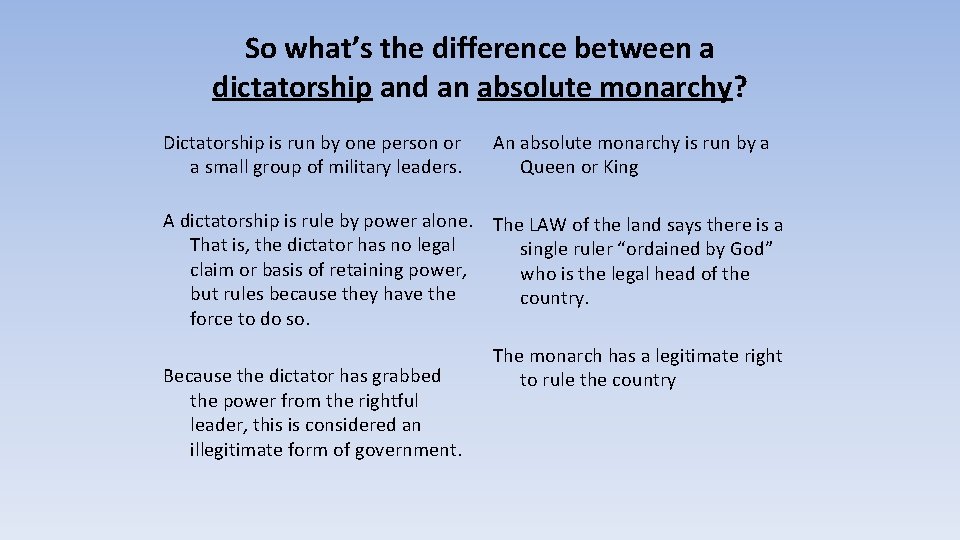 So what’s the difference between a dictatorship and an absolute monarchy? Dictatorship is run