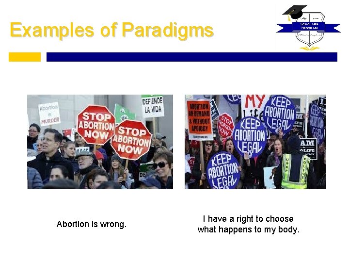 Examples of Paradigms Abortion is wrong. I have a right to choose what happens
