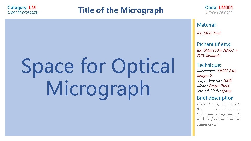 Category: LM Light Microscopy Title of the Micrograph Code: LM 001 Office use only