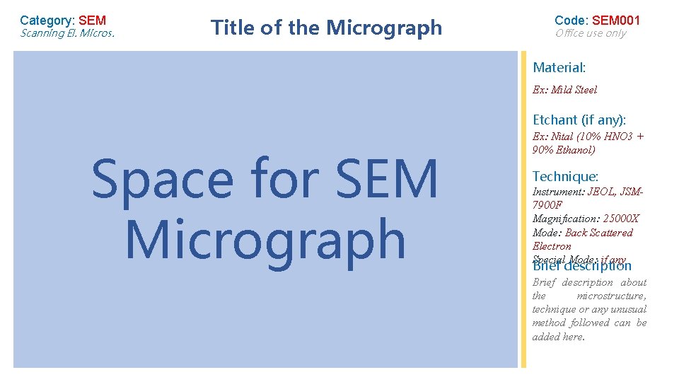 Category: SEM Scanning El. Micros. Title of the Micrograph Code: SEM 001 Office use