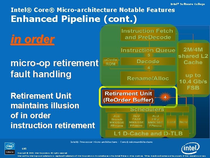 Intel® Software College Intel® Core® Micro-architecture Notable Features Enhanced Pipeline (cont. ) in order