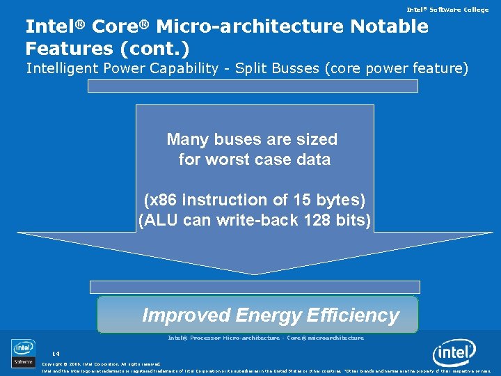 Intel® Software College Intel® Core® Micro-architecture Notable Features (cont. ) Intelligent Power Capability -